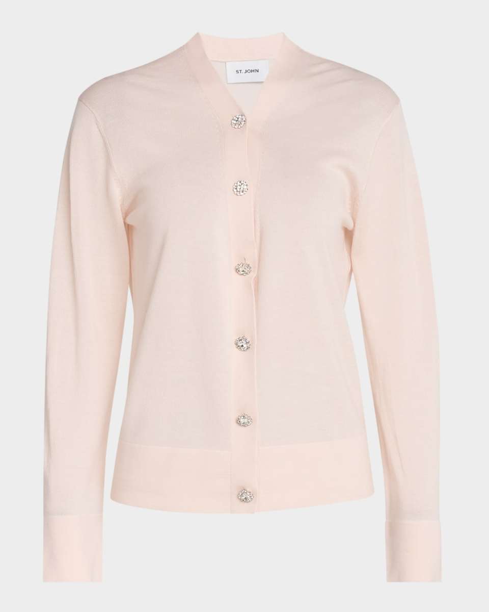 Crystal-Button Fine Gauge Merino Knit Cardigan